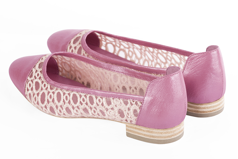 Hot pink and champagne white women's ballet pumps, with low heels. Round toe. Flat leather soles. Rear view - Florence KOOIJMAN